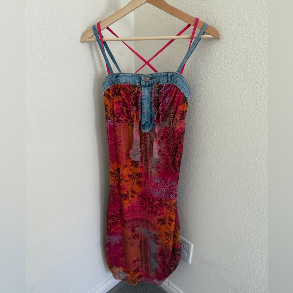 Vintage made in France Y2K midi denim chiffon animal print floral dress stretch